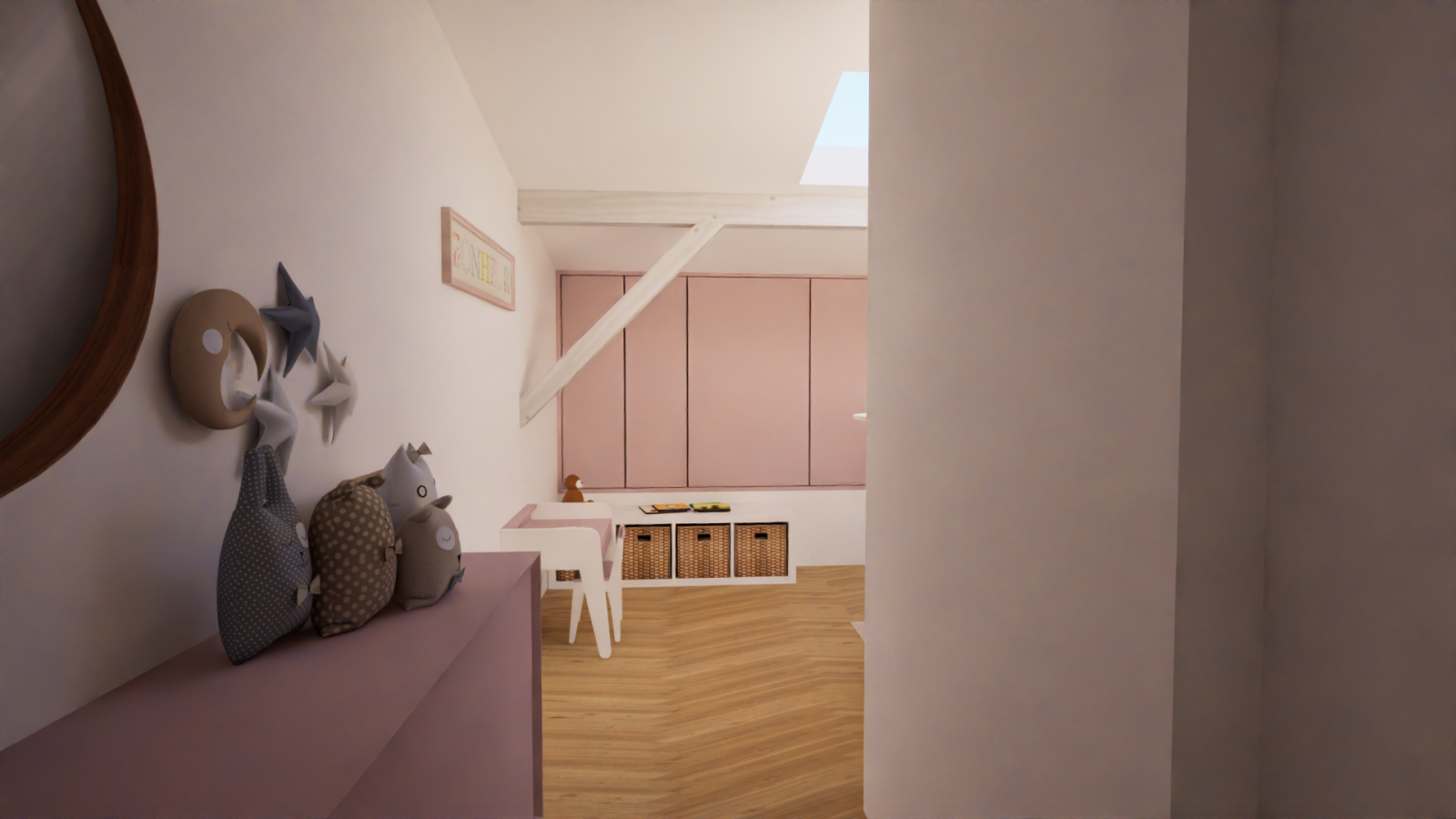 Vue Chambre enfant entrée avec placard aménagé 