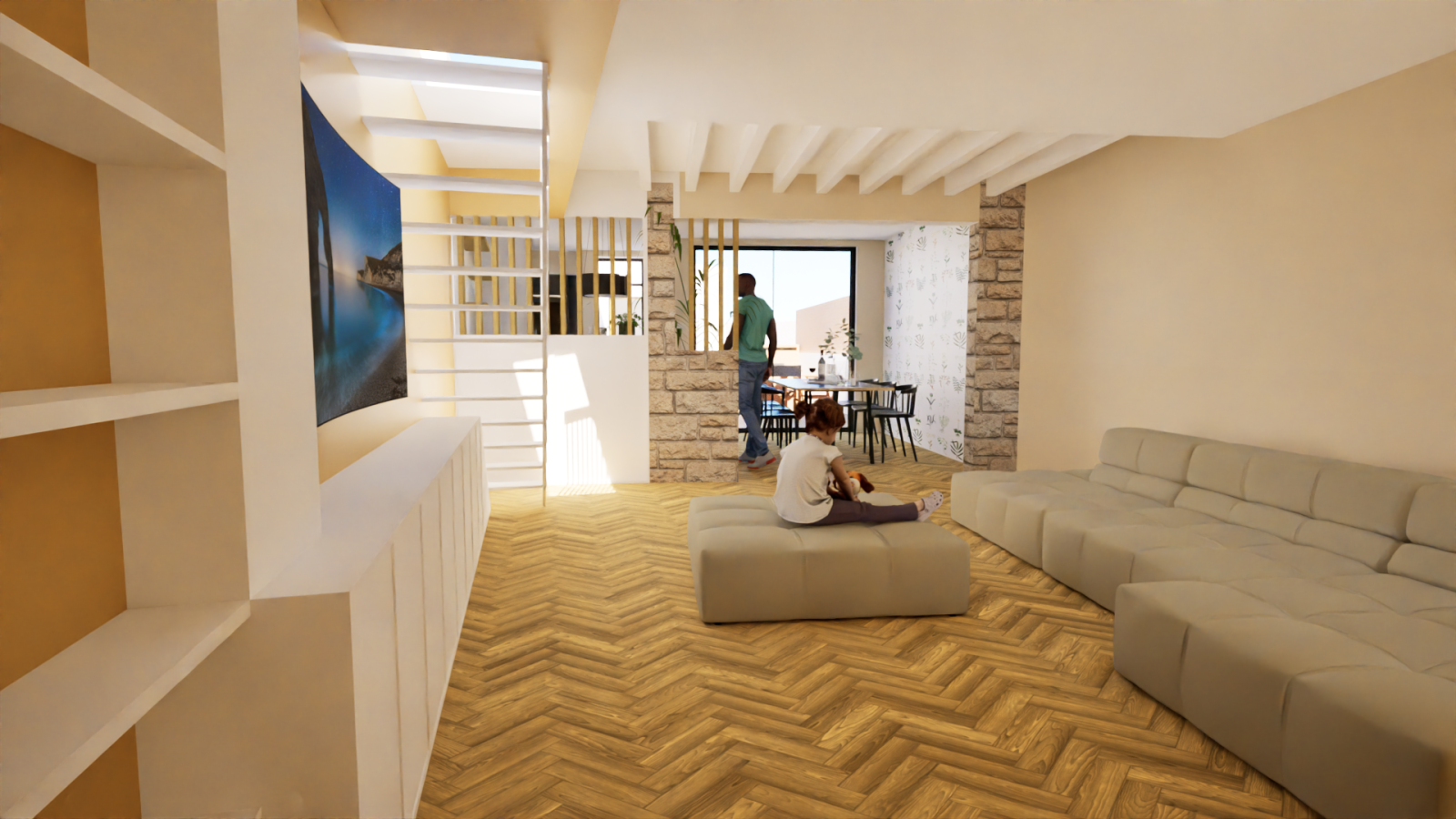 Vue 3D Salon et ouverture extérieure 