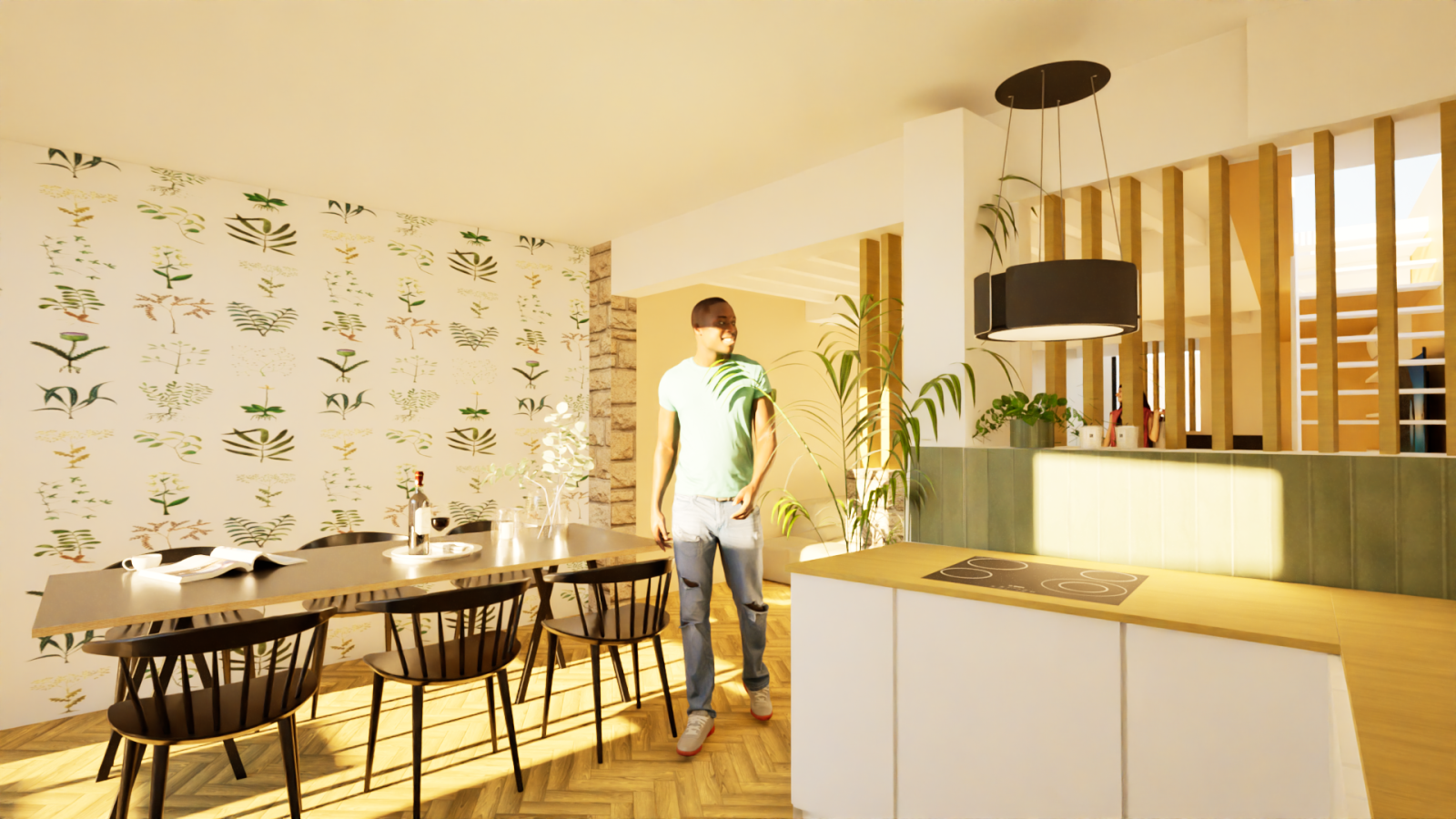 Plan 3D rénovation pièce de vie @studio sturu architecte