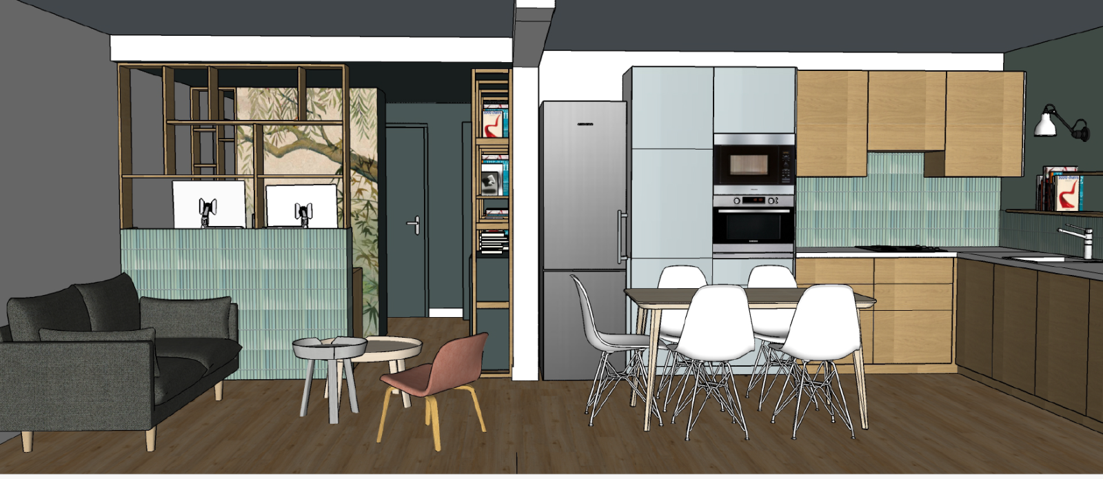 Plan 3D pièce de vie appartement Nansouty Achitecte B.Montussac