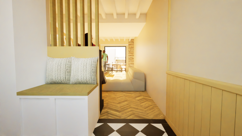 Plan 3D entrée aménagée Studio Tsuru Architecte