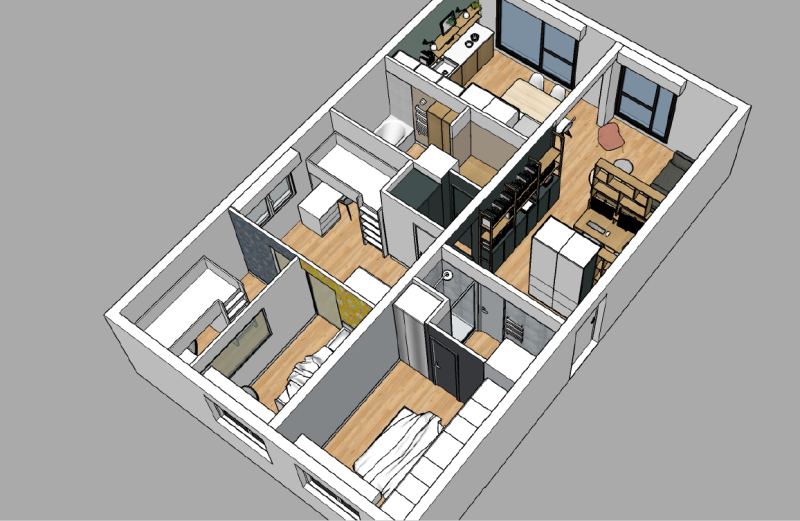 Plan 3D rénovation globale apapatement Nansouty Architecte B.Montussac